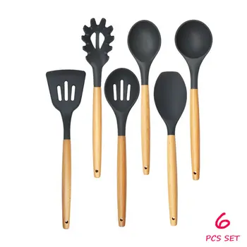 

6pcs/set BPA Free Silicone Wood Handle Kitchenware Utensils Cooking Tools Set Heat-Resistant Silicone Cooking Tools Set