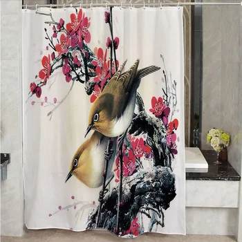 

Chinese retro flowers birds printed home decorative shower curtian waterproof fabric bathroom curtains standard size with hooks