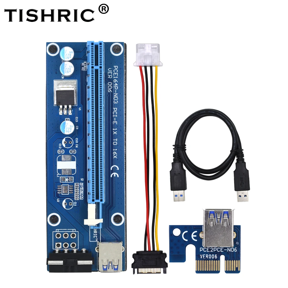 TISHRIC Ver006 pcie Pci-e Pci Express Riser Card 1x To 16x Usb3.0 Cable Sata To 4pin Molex Power Extender Bitcoin Mining Miner