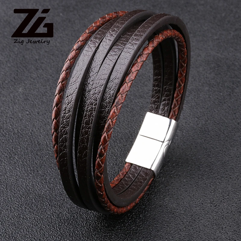 ZG оптом мужские кожаные браслеты черного и коричневого цвета с магнитным элегантным браслетом для мужчин pulseiras
