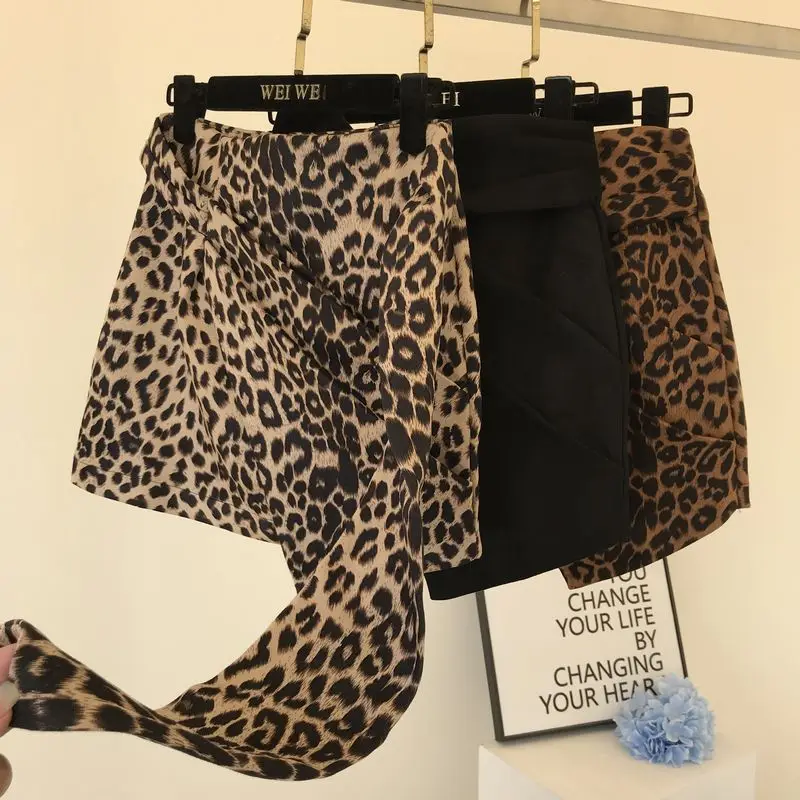 Autumn New Retro Leopard Print High Waist Short Skirt Women Girls Slim Hip Irregular Knotted Skirts