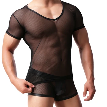 

Man Undershirt/Men Sexy Mesh Sheer T Shirts/Male Mesh Transparent V-neck Short Sleeves Inner Tops