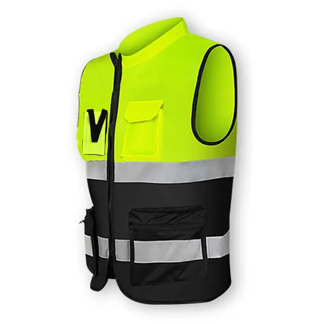 Multi pockets High Visibility Zipper Front Safety Vest with Reflective Strips