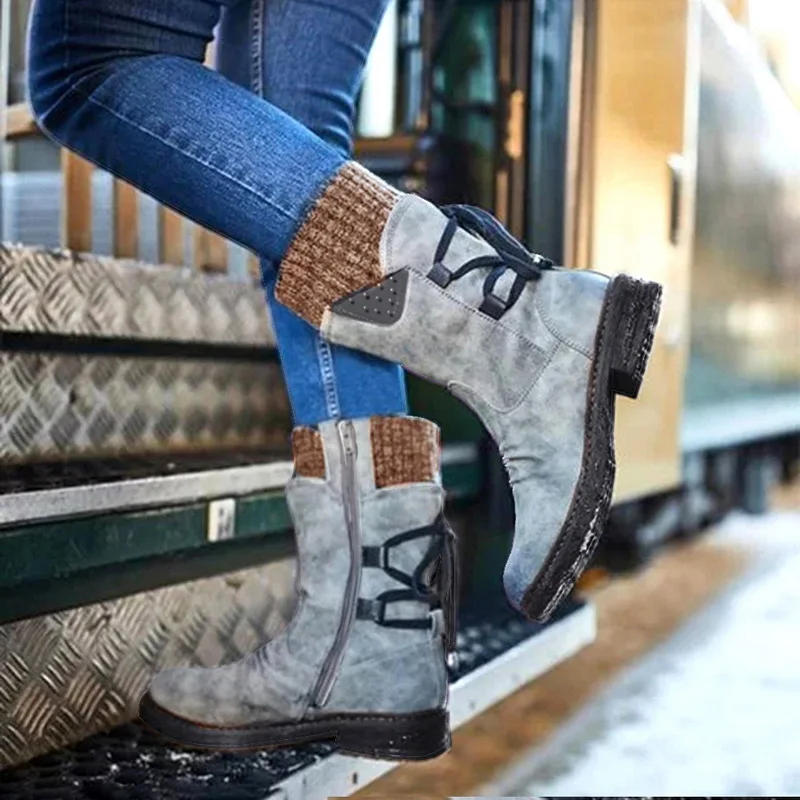 Gray B Laamei Women's Western Boots Winter Mid Tube Knight Boot Lady Retro Rome Slip-On Low Heel Leather Shoes Wide Calf Cowboy Botas - Цвет: Gray B