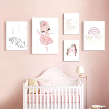 

Ballet Girl Canvas Print Nursery Wall Art Painting Moon Rainbow Prints Unicorn Posters Nordic Wall Poster Baby Room Decoration