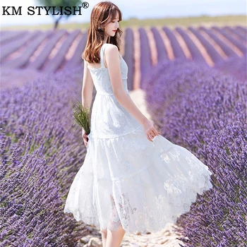 

Women Clothings White Strap Lace Dress 2020 Summer New Fresh Resort Strapless Eyelash A-line On-piece Dress Female