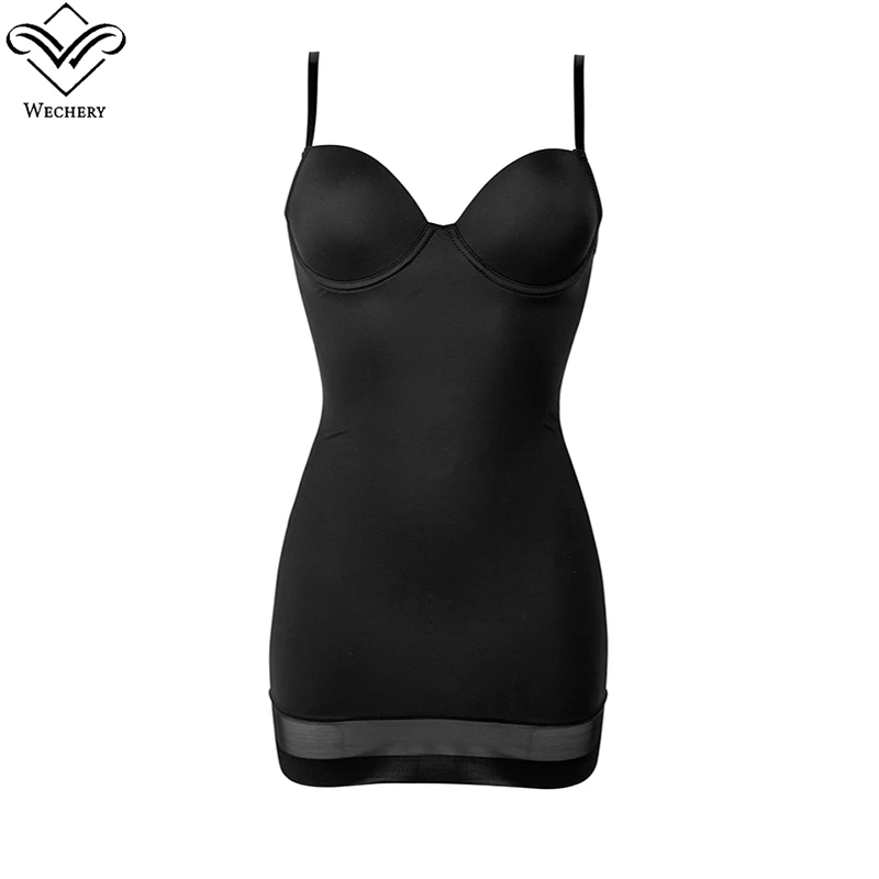 Wechery Mini Control Slips With Underwire Cup Women Body Shapers Stretchable Underwear Wine Red Spaghetti Strap Dress