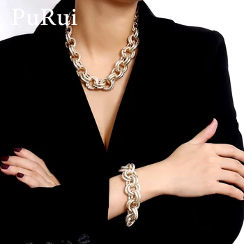 

PuRui Punk Chunky Chain Necklace for Women Men Goth Hip Hop Statement Metal Gold Color Choker Necklace Bracelet Set Jewelry