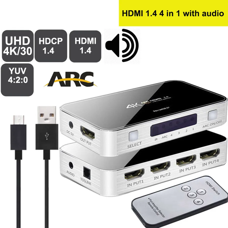 4K HDMI Коммутатор HDMI 2,0 Переключатель HDMI аудио экстрактор HDR ARC Сплиттер 4X1 с пультом дистанционного управления(HDMI в HDMI+ toslink+ стерео аудио выход - Цвет: 4X1 with audio