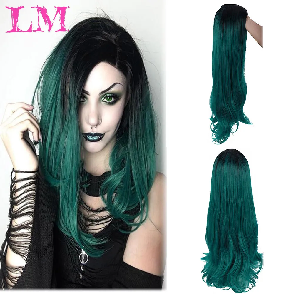 

LIANGMO Fashion Girl Afro Long Ombre Cosplay Lolita Wig No Bangs Fiber Synthetic Black Green Hair Extension Wigs