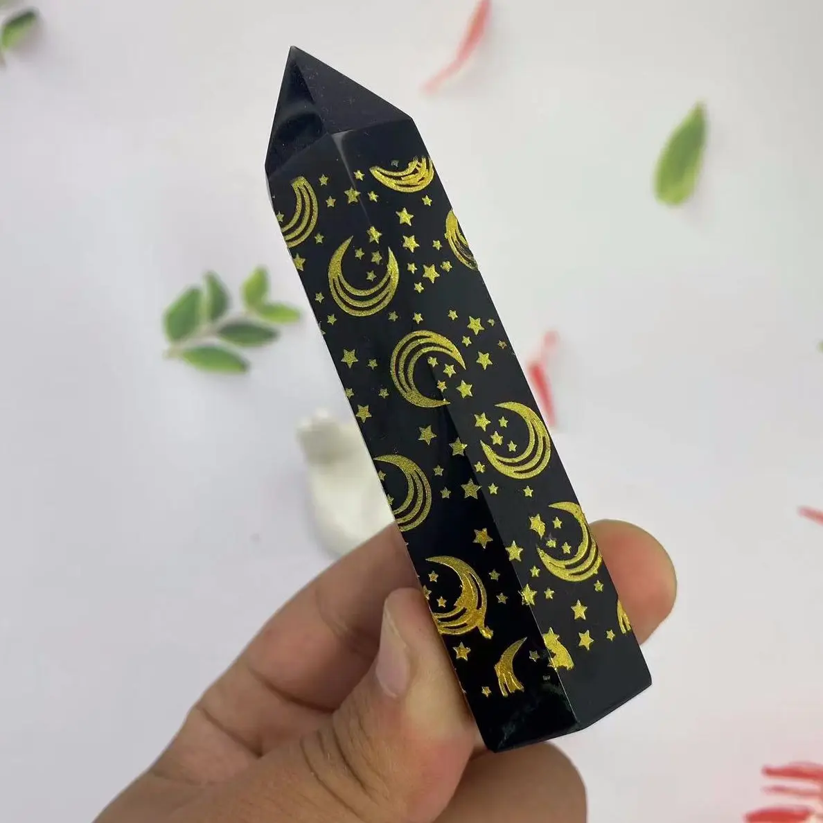 Natural obsidian hexagonal prism gilding star moon sun crystal column home furnishing articles reiki stone | Дом и сад