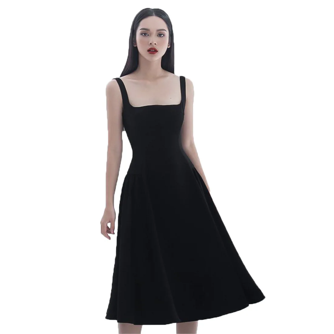 

Simple A-Line Square Solid Black Women Party Dress Office Sleeveless Mid-Length Sheath Sexy Black Dress with Backless