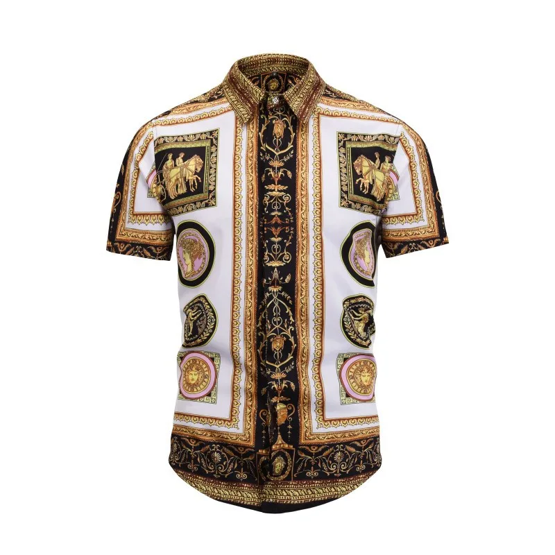 

Summer New Style Short-sleeved Shirt Men Cool Printed Bronze Glyph Trend Models in Europe And America