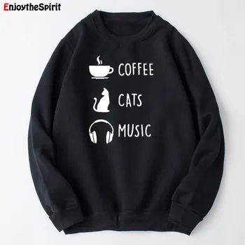 

Enjoythespirit Coffee Cats and Music Sweatshirt Women Long Sleeve Funny Graphic Hoodies Women Streetwear Casual Clothing