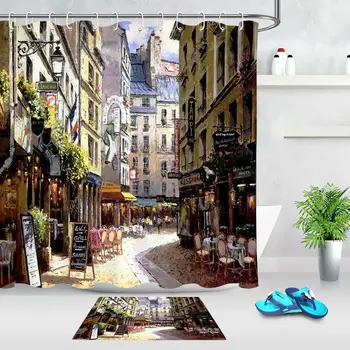 

European Retro Street Waterproof Fabric Shower Curtain Set Bathroom Decor Custom