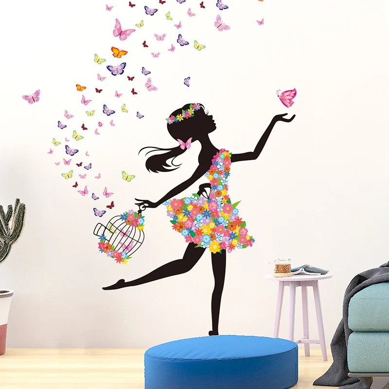 [SHIJUEHEZI] мультфильм фея девушка наклейки на стену DIY бабочки клетка Настенный декор для детской комнаты украшения для детской спальни