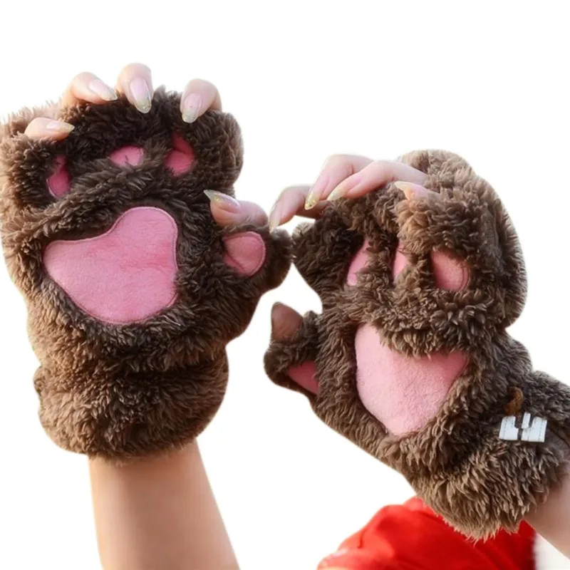 12-цвет женские перчатки без пальцев с рисунком милого мишки Плюшевый игровой комплекс для кошек лапы варежки для девочек Теплые перчатки без пальцев зимние теплые перчатки без пальцев