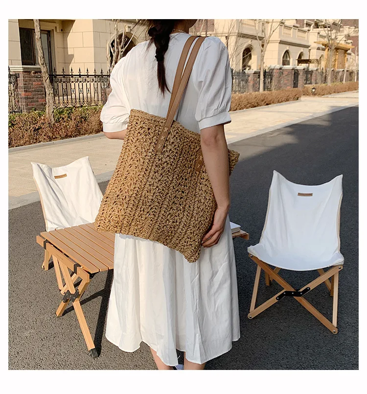 Square Hollow Straw Beach Bag Handmade Woven Shoulder Bag Raffia Rattan Shopping Travel Bag Bohemian Summer Vacation Casual Tote