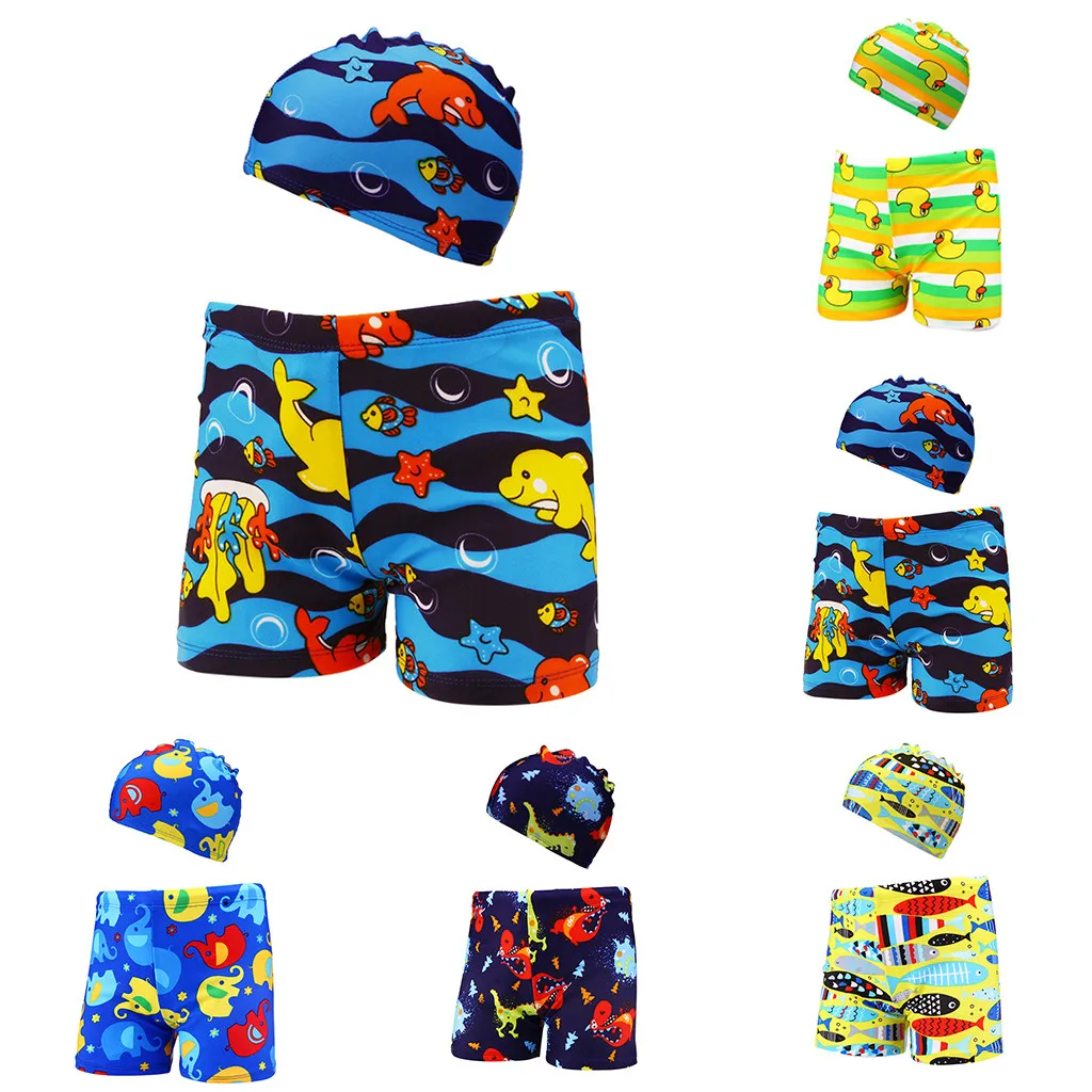 

2Pc/s Kids Toddler Boys Swimsuit Summer Beach Shorts Set Cotton Print Swimwear Trunks+Swimming Cap Boys Clothes Child Swimwear