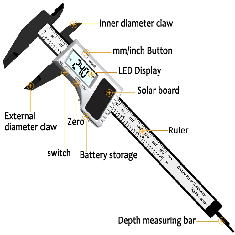 OLOEY 0-150mm 6 дюймов Солнечный цифровой штангенциркуль с нониусом из углеродного волокна с может работать без аккумулятора Мощность от солнечной энергии DT234