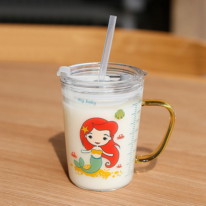 450 мл стеклянная прозрачная кружка с ручкой для молока, детская питьевая вода, соломенная бутылка со шкалой, соломенная чашка для измерения молока - Цвет: Mermaid B