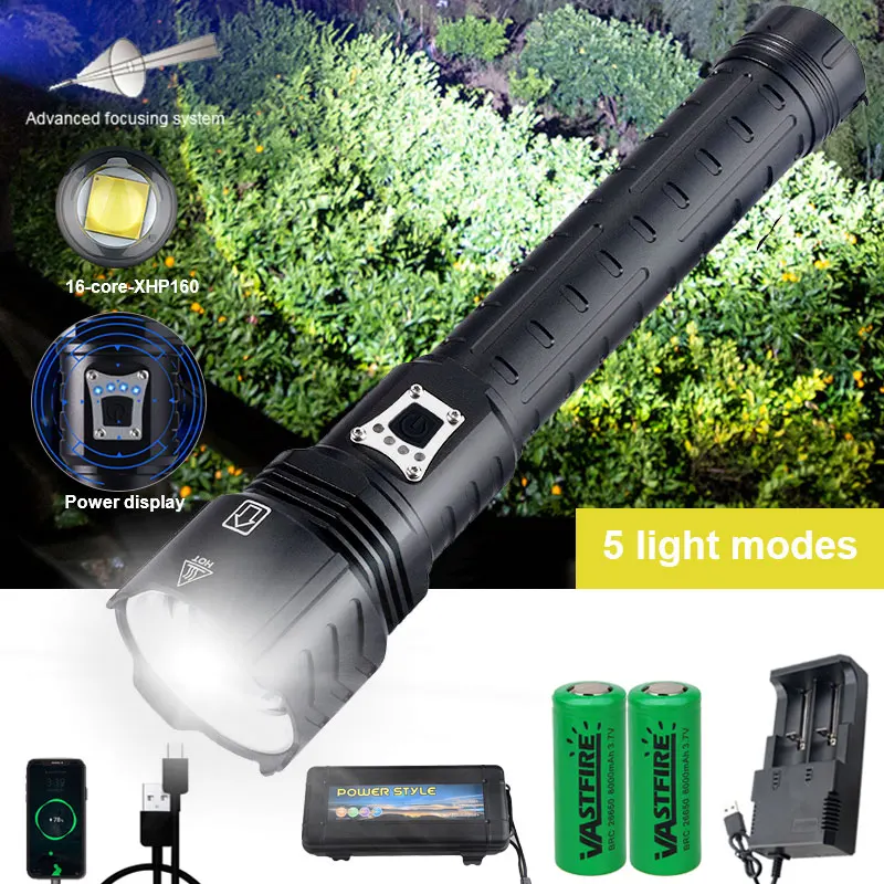 

10000LM 500M Zoomable Flashlight 16-Core XHP160 USB Charge Torch Switch 5 Modes Handheld Waterproof Hunting Light AS Power Bank