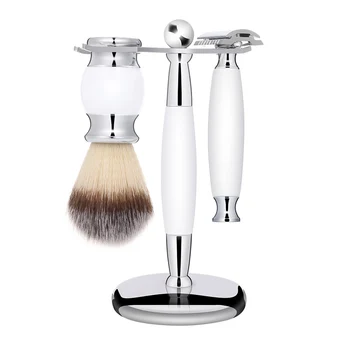 

Durable 3-In-1 Zinc Alloy Shaving Razor Brush Holder Stand White Handle Shaving Tool Kit Portable Beard Clean Shaver Kits Set