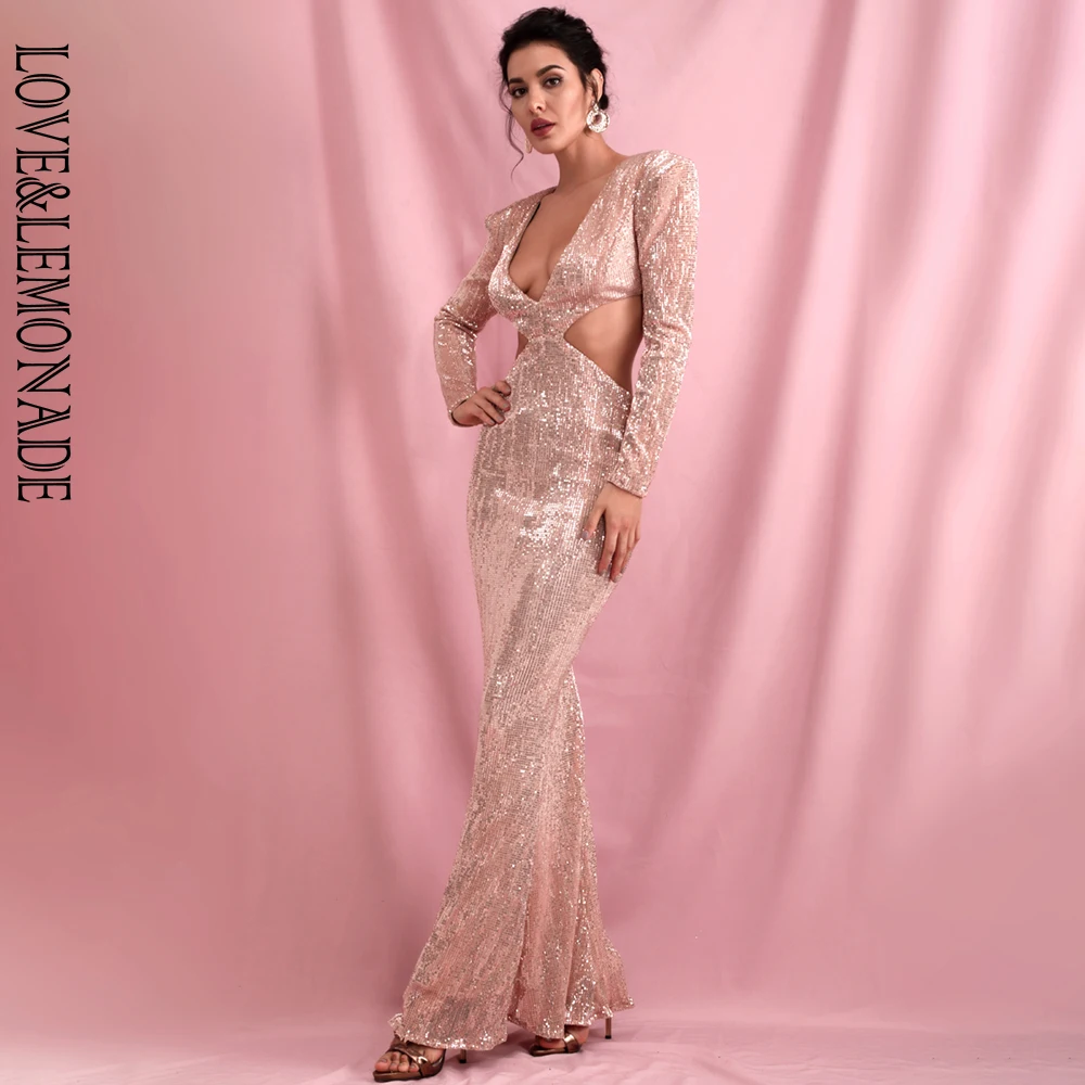 LOVE&LEMONADE, сексуальное розовое золото, глубокий v-образный вырез, вырез, болеро, облегающее, открытая спина, эластичные, с блестками, с длинным рукавом, вечерние, макси платье LM82079
