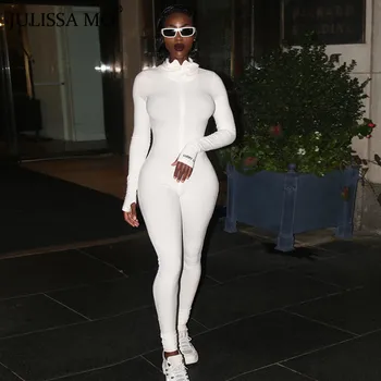 

JULISSA MO White Sexy Skinny Jumpsuit Women V Neck Long Sleeve Rompers Jumpsuit Autumn Winter Casual Zipper Fitness Overalls