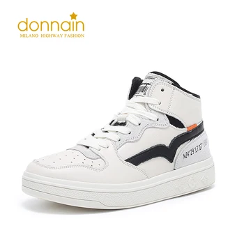 

DONNAIN Breathable Casual White Platform Shoes Women Genuine Leather High Top Sneakers Black Lace up Round Toe Zapatos De Mujer