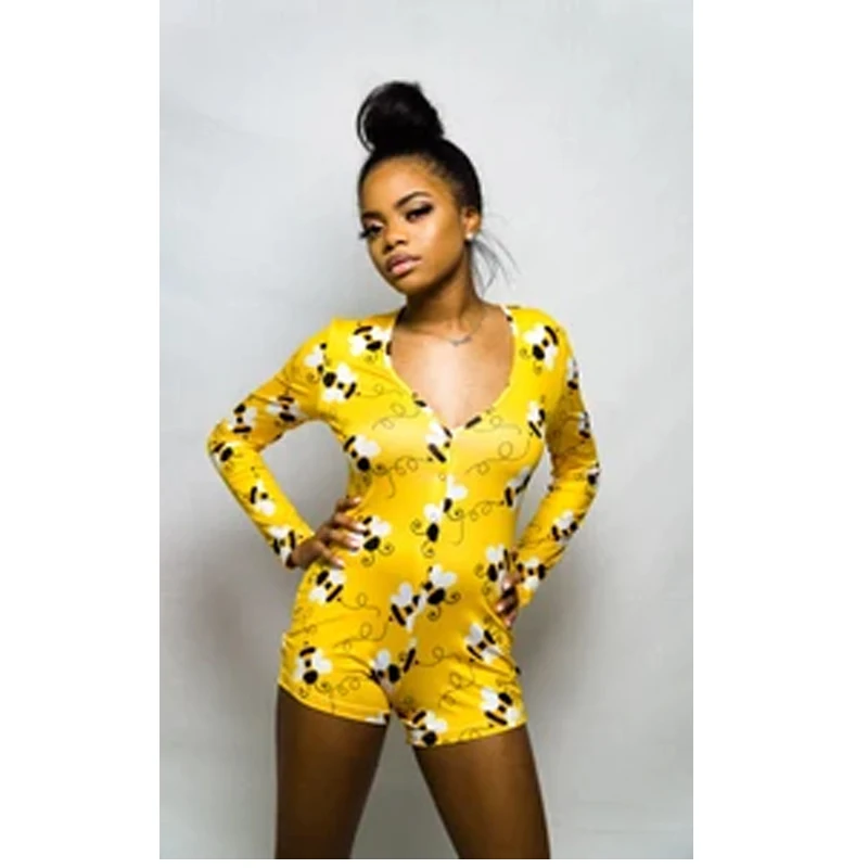 

Women Sexy Sleepwear Nightwear Long Sleeve Deep V-neck Cartoon Animal Print Button Casual Bodysuit Shorts Romper Bodysuit