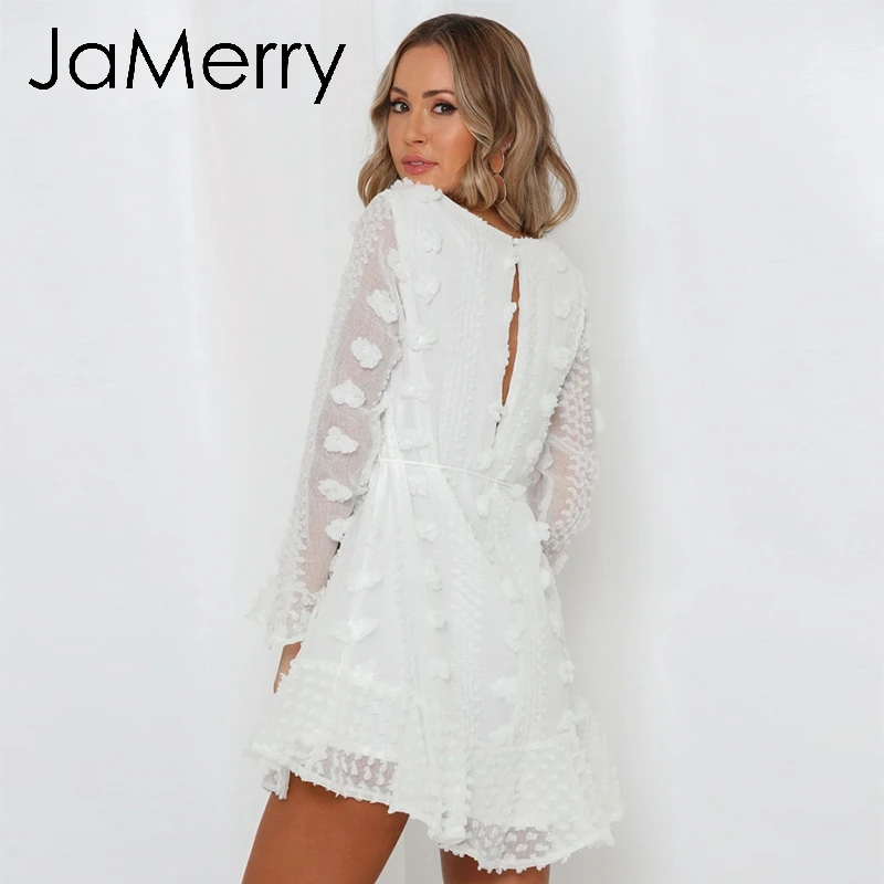 JaMerry винтажное женское платье с вышитым белым цветком элегантное женское осеннее платье с длинным рукавом гофрированное платье с поясом для вечеринки vestid