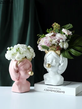 

NORDIC CREATIVE RESIN VASE HUMAN HEAD BUBBLE GUM CAT GIRL SCULPTURE PORTRAIT MODERN HOME DECORATIVE ORNAMENTS FLOWER ARRANGEMENT