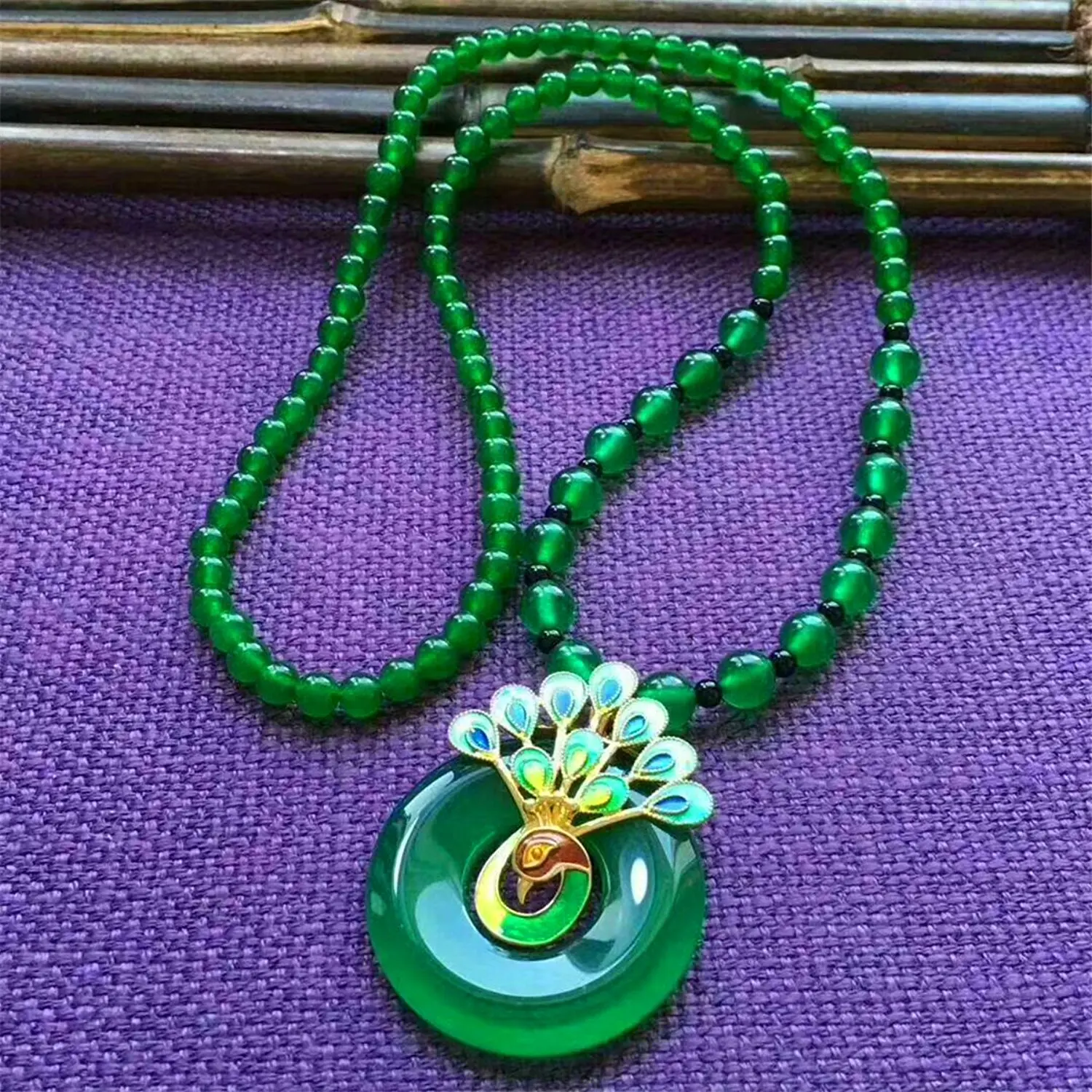 LETSFUN Fine Jewelry натуральный зеленый халцедон инкрустация перегородчатая подвеска на ожерелье Павлин цепочка на свитер подарок