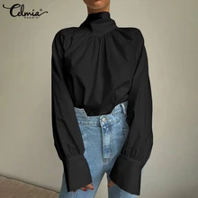 

2022 Elegant Stand Collar Back Bowknot Shirt Celmia Women Long Sleeve Blouse Autumn Casual Loose Pleated Solid Tops Oversized