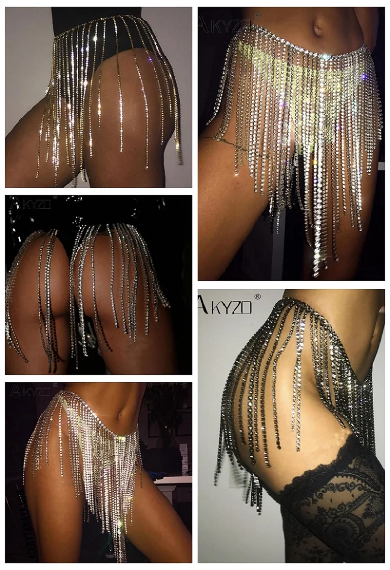 Shiny Diamante Waist Body Chain Women Gold Sliver Long Tassel Rhinestone Hollow Out Metal Chain Clubwear Accessories Body Chains