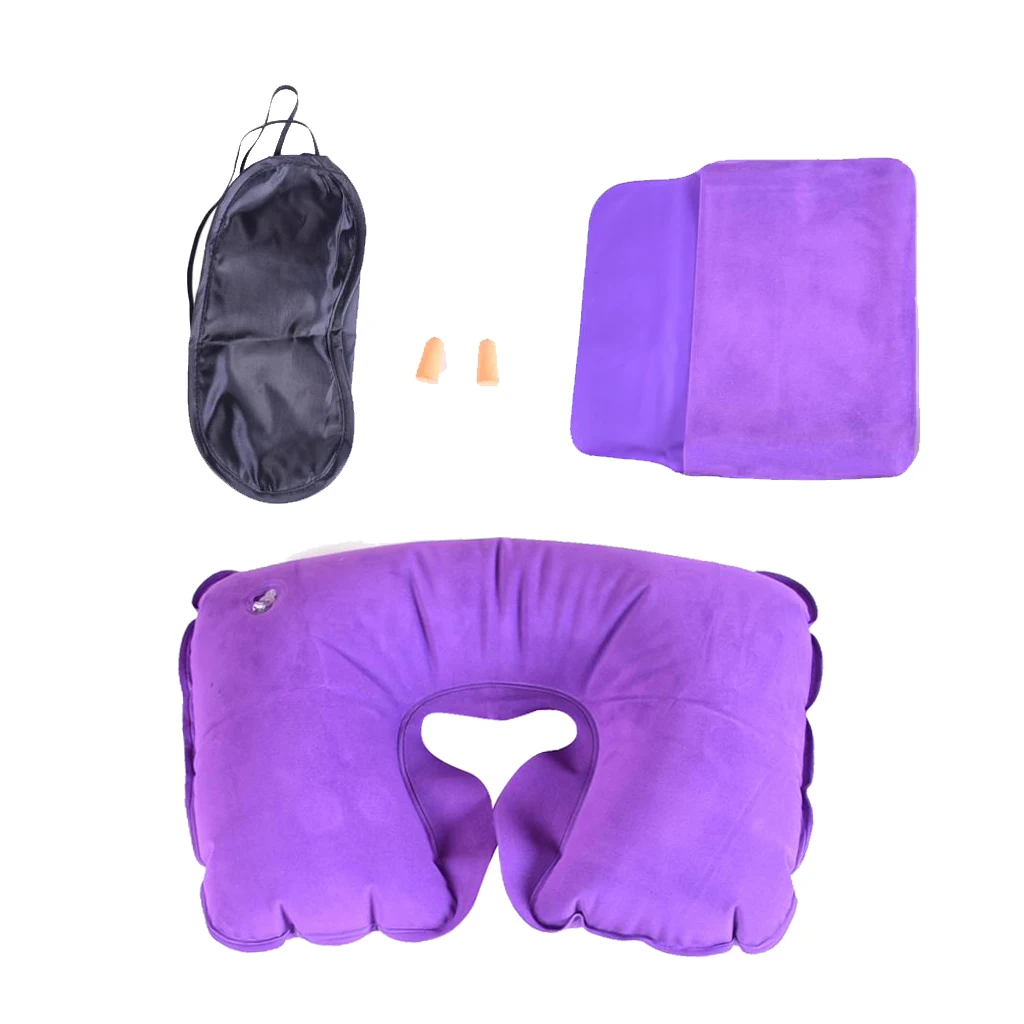 U Shaped Inflatable Travel Pillow Neck Support Cushion for Long Haul Flights/Car Restful Sleep/Office Nap, with Ear Plug & Mask