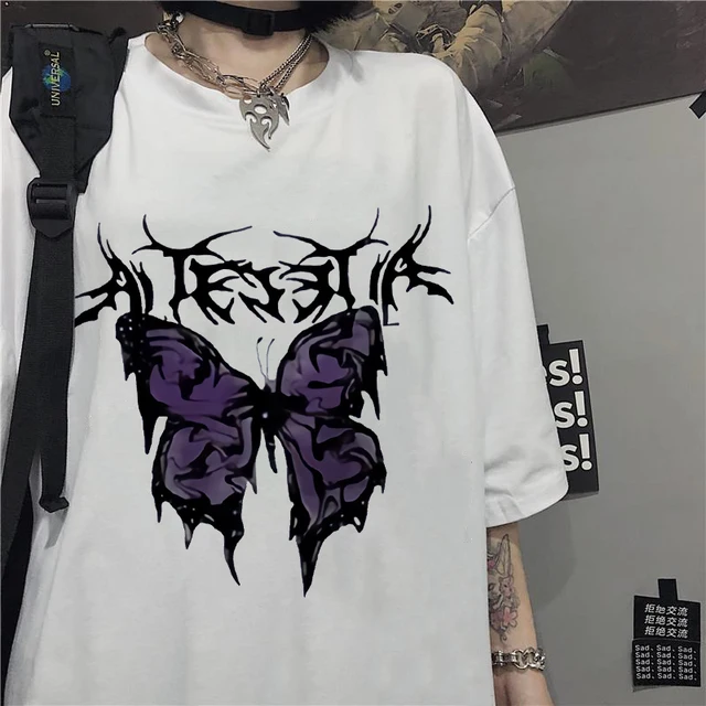 Women'S Fashion Printed T-Shirt Gothic Trend T-Shirt Summer Couple Harajuku Hip Hop O Collar Butterfly Top Loose Punk Clothing 2