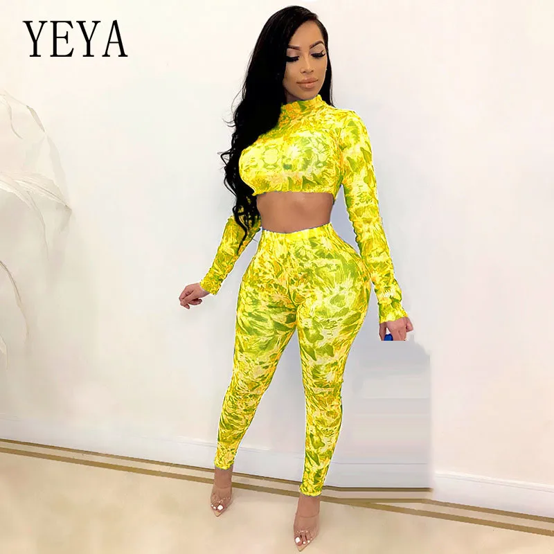 

YEYA Tie Dye Print Two Piece Set Long Sleeve Turtleneck Top and Skinny Pencil Long Pants Suits Sexy Club Party Wonen Clothing