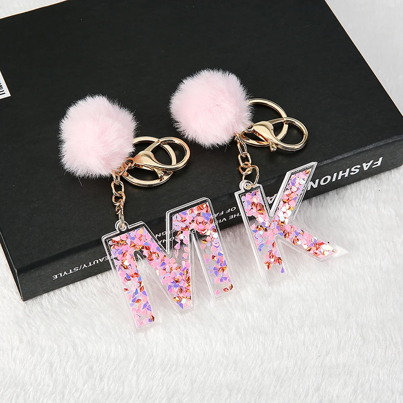 1PC Women Keychains 26 Glitter Hollowed out Words Handbag English Letter Keyring with Puffer Ball Charms|Key Chains| - AliExpress