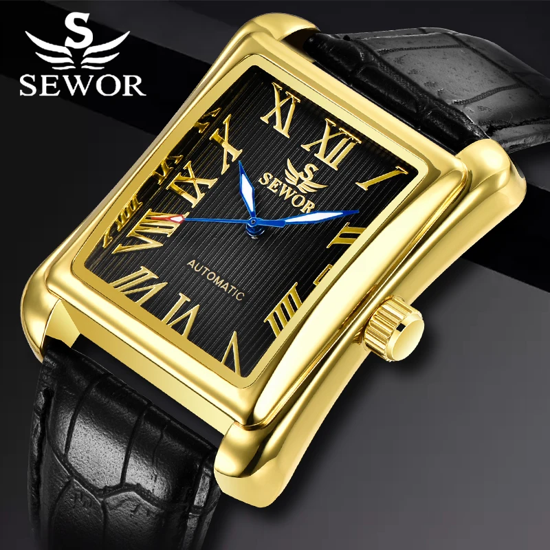 

New SEWOR Top Brand Luxury Rectangular Men Watches Automatic Mechanical Watch Roman Display Antique Clock Relogio Wrist Watch