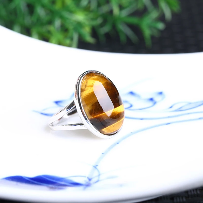 Natural Crystal Ring Yellow Tiger Eye Stone S925 Silver Mosaic Ring Men Women Crystal Rings Energy Stone Jewelry natural stone ring