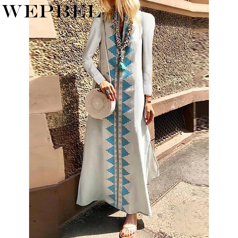 

WEPBEL Women Autumn Bohemian Long Sleeve Loose Dress V Neck Printed Casual Long Ankle-Length Holiday Beach Dress Vestido