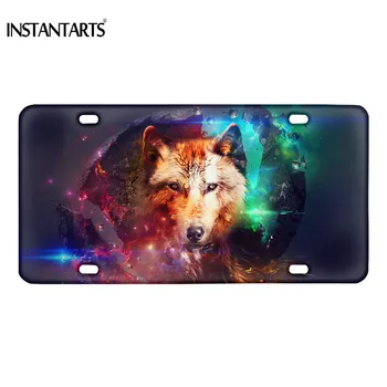 

INSTANTARTS Car License Plate for Men Cool 3D Galaxy Wolf Pattern Auto Decorative Accessories Fashion License Plate Universal