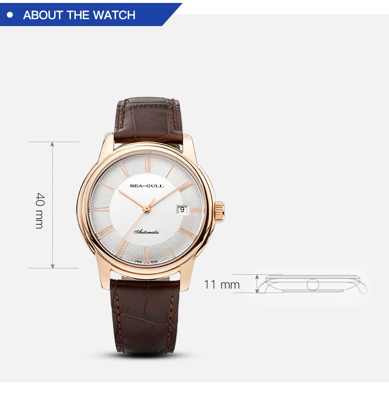 Seagull Мужские механические часы Гладкий минималистичный кожаный ремешок 30 метров водонепроницаемые часы с календарем Бизнес Мужские часы D519.405
