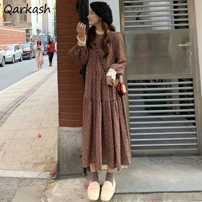 

Long Sleeve Dress Women Half High Collar French Style Elegant A-line All Match Mid-calf Lace Patchwork Vestidos Vintage Female