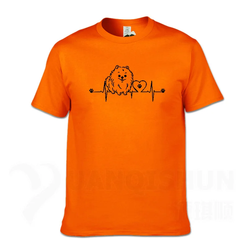 Orange New Funny Pomeranian T Shirt Unisex Short Sleeve O-Neck 16 Colors Cotton Casual Cute Heartbeat Dog T-shirt Girls Woman Tshirt - Цвет: Orange