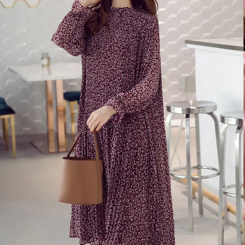 2020 Korean Style Plus Size Spring Women Pleated Dress Chiffon Sweet Loose Long Dress Floral Leaf Print Elegant Vintage Dresses