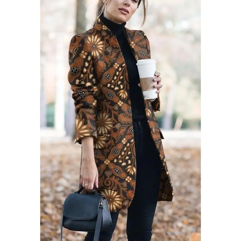 Fall Winter Retro Floral Print Blazer Coat Fashion Button Jacket Blazer Notched Female Plus Size Office Long Coat