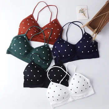 

New Dot Print Bra Cross Shoulder Straps Breathable Sports Bralette Seamless Wire Free Bras Female Underwear